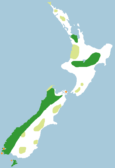 Historische Verbreitung des Kakapos (hellgrün: fossile Funde)