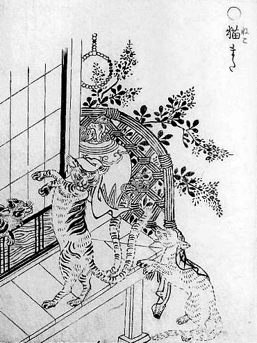 Nekomata, die auf ihren Hinterbeinen läuft. Zwei jüngere Katzen versuchen erfolglos, ebenfalls auf zwei Beinen zu gehen. Sie scheitern jedoch daran, dass sie zu jung sind und sich noch nicht in Nekomata verwandelt haben. Illustration aus dem Gazu Hyakkiyagyō (画図百鬼夜行 „Illustrierte nächtliche Prozession aller Dämonen“, 3 Bände, 1776) von Toriyama Sekien.