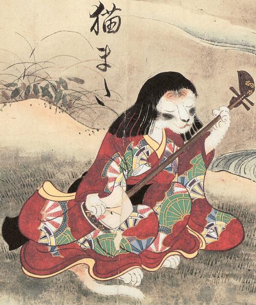 Nekomata mit Shamisen im Hyakkai-Zukan (百怪図巻) von 1737