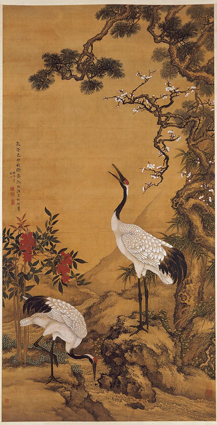 Drei chinesische Symbole: Kiefer, Pflaume und (Mandschuren)Kranich (Shen Quan, 1759)